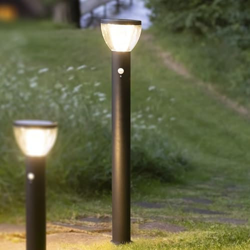 Lightbox LED Außenstehlampe mit Solar-Paneel & Bewegungsmelder & IP44 & 430 lm - schwarze Outdoor Wegeleuchte - 92 cm Höhe - Ø 16 cm - 3000 K - für den Garten - aus Edelstahl/Kunststoff