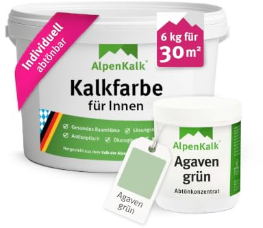 AlpenKalk Agaven-Grün Kalkfarbe für Innenräume I 6 kg inkl. 1 Dose Pigmente für ca. 30m² I Atmungsaktiv & Anti-Schimmel Formel für ein natürliches Raumklima I Für Allergiker & Kinder
