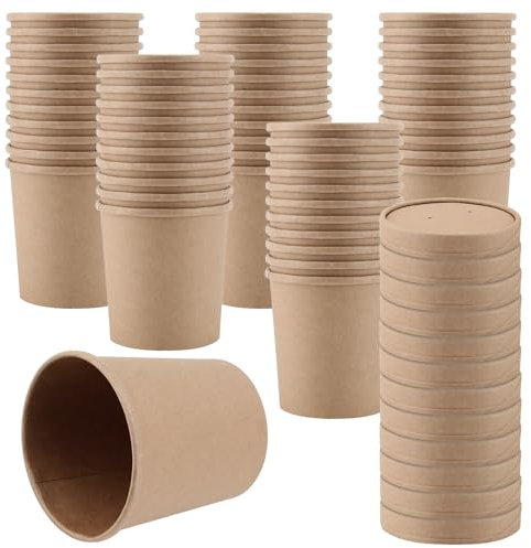 CHUIFAI 50 Stück 460ml Suppenbecher mit Deckel Pappe, Braun Papier Eisbecher Speisebecher Pappe, Suppenbecher to Go für Mitnehmen, Eiscreme, Mikrowelle und Tiefkühlkost
