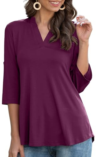 Heersan Tops for Women 3/4 Length Sleeve Cotton Blouse V Neck Ladies Tops Tunic T Shirt Casual Loose Fit Blouse