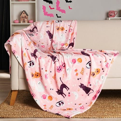 Rosa Halloween-Decke – niedliche Halloween-Decke und Überwurf – rosa Geisterdecke – Halloween-Dekor für Schlafzimmer – weich und plüschig – 50 x 60 cm