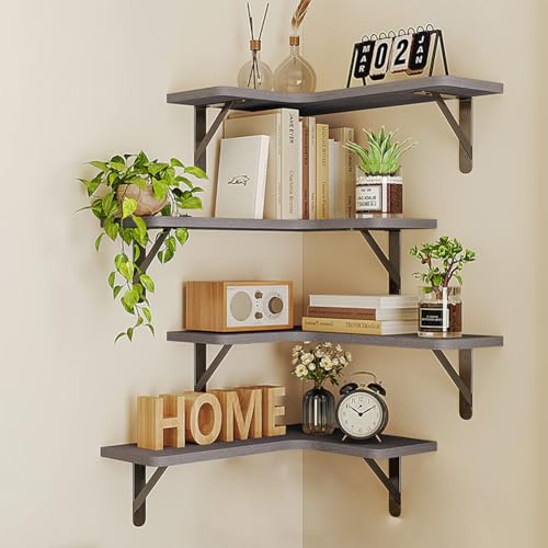 BAKAJI Juego de 4 estantes de Madera angulares, estantería esquinera para Montaje en Pared, Barras de Metal, estantería para Dormitorio, salón, Cocina, baño, librería Que Ahorra Espacio (Gris)