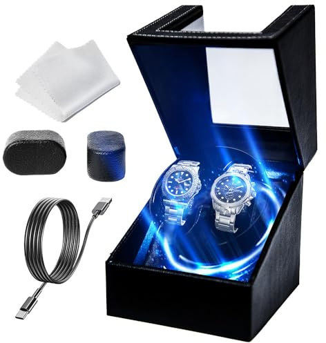 Gziztx Remontoir automatique avec 1/5 modes de rotation, moteur silencieux, LED bleue, convient pour le rangement des montres automatiques pour 2 montres (noir et 5 modes de rotation & LED)