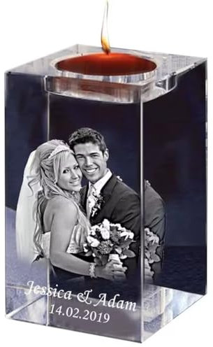 Personalisierte Benutzerdefinierte 3D-Foto Graviert Kristall-Kandelaber Mit Ihrem Eigenen Bild Text, Porträt Gedenken Teelicht Kerzenhalter Dekor Für Hochzeit, Jahrestag, Geburtstag, Weihnachten(8CM)