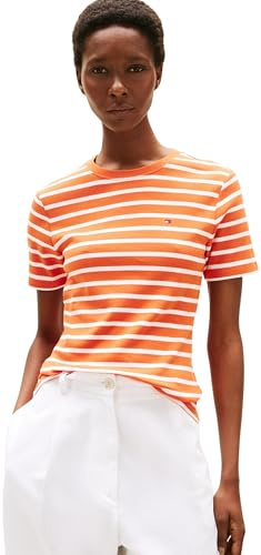 Tommy Hilfiger Damen T-Shirt Kurzarm Slim Cody Rundhalsausschnitt, Mehrfarbig (Classic Breton Orange/ECU), XS