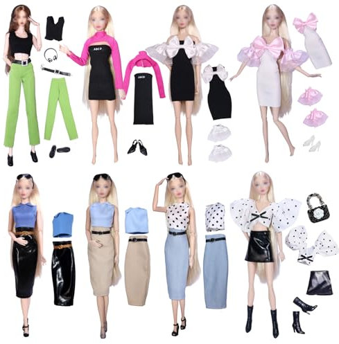 5 Doll Clothes Set for 11.5 Inch Girls Doll, Cute Dolls Clothing, Fixed 3 Piece Set (Including 2 Pairs of Shoes, Black Bag) + 2 Random Styles, Urban Fashion Doll Clothes, as A Gift to Little Girls