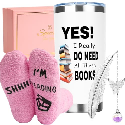 GOENMOOL Book Lover Gifts for Women, 20oz Travel Mug Set for Reading Lovers | Bookish Gifts for Readers, For Readers, Keep Hot 6 Hours, Cold 12 Hours, Stainless Steel, Reading Socks, Bookmark