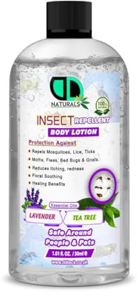 Insect Repellent Body Lotion – 100% Natural Protection Against Mosquitoes, Lice, Ticks, Fleas – Lavender & Tea Tree Essential Oils – Safe for People & Pets (30ml Cap)
