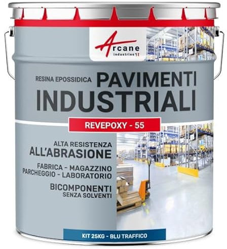 ARCANE INDUSTRIES Peinture Sol REVEPOXY TRAFIC INTENSIF : Résine Epoxy pour Sol Béton : Usine, Atelier Parking - 25 kg (jusqu'à 50 m² en 2 Couches) Bleu signalisation - RAL 5017