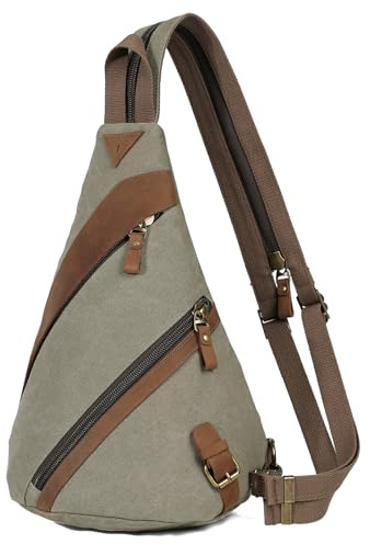 KL928 Canvas Sling Bag, Echte Leder Crossbody Bags Brusttasche Rucksack für Herren und Damen, Shoulder Slingbag Schulterrucksack Schultertasche für Men Women, Olivgrün