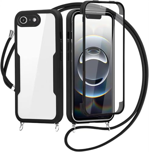 FERLAN Crossbody Lanyard Case for iPhone 6/7/8/iPhone SE 2020/SE 2022 with Strap,360° Full Body with Built-in Screen Protector Shockproof Soft TPU Bumper Necklace Phone Case Protective Cover(Black)