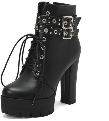 JMdfcqer Mode Bottines à Talons Hauts pour Femme Fermeture Éclair Plateforme Bottes avec Clous et Boucle à Bretelles
