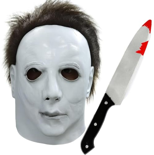 LOVETRENDS Michael Myers Halloween Mask & Knife - Realistic Mask with Hair & 12 Fake Knife Prop - Mens Halloween TV Film Horror Icon Fancy Dress Costume
