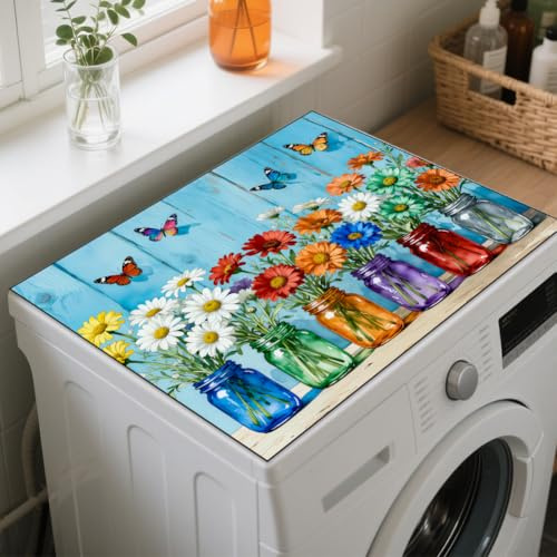 GLOBLELAND Daisies Butterfly Washer Dryer Dust Cover 23.6×19.69inch Rustic Vintage Flower Vases Washing Machine Top Protector Pads Non Slip Washing Machine Top Covers for Laundry Room Table Placemat