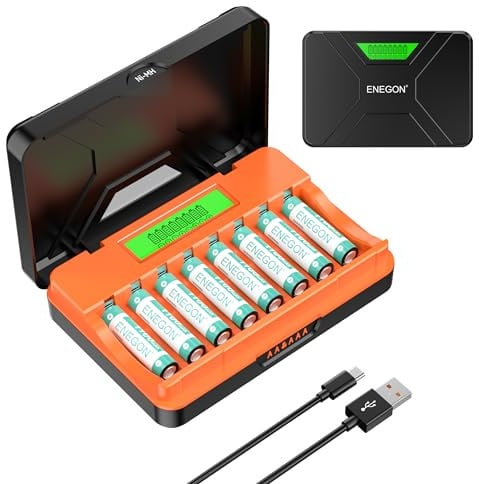ENEGON Chargeur Rapide 8 Logements pour Piles AA/AAA avec Écran LCD + 8 Piles AAA Ni-MH (1100mAh), Station de Charge et Stockage USB-C – pour Télécommandes, Thermomètres et Électronique