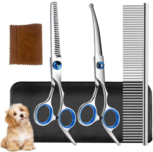 Soodyoow Hundescheren Set Profi 5-in-1, Gebogene Fellschere mit Rundspitze & Entfilzungskamm, Titan-beschichtet für Hunde, Katzen und andere Tiere, Haarschere zum Schneiden von Hundehaaren