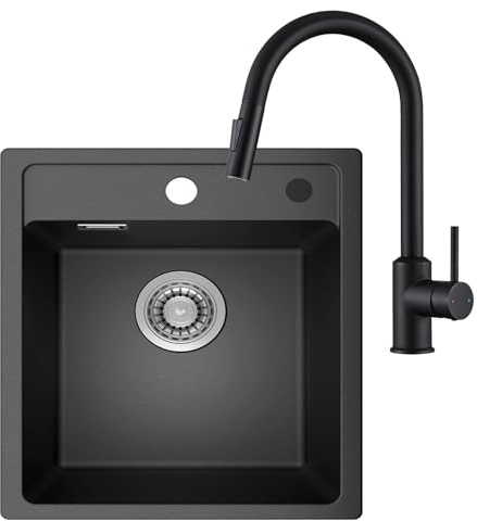 ANYCEE 45 x 46 cm Fregadero negro granito con arco, grifo de cocina extraíble