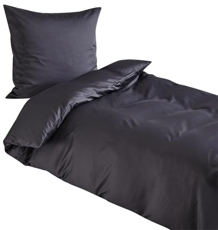 Traumschlaf Uni Mako-Satin Bettwäsche – seidig glatt & hautsympathisch aus 100% Baumwolle – edles Uni Design, atmungsaktiv & pflegeleicht – mit Reißverschluss – 200x200 cm + 2X 80x80 cm, schwarz