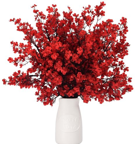 6 buketter konstgjorda blommor konstgjorda växter för utomhusbruk | Konstgjorda blommor som äkta slöjkål konstgjorda blommor vår lämplig för hem, bröllop, trädgårdsdekoration (röd)