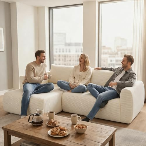 Yeecle Ecksofa mit Schlaffunktion aus Cord – Modernes Cord-Schlafsofa, weich gepolstertes 3-Sitzer Sofa ohne Holzrahmen, kompaktes Ecksofa für Wohnzimmer (Beige)