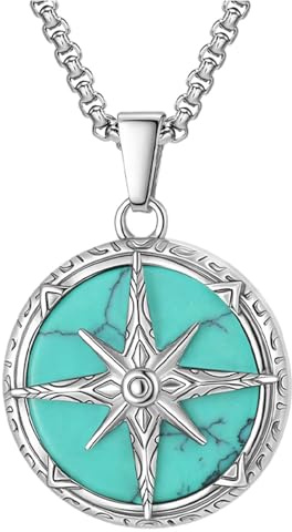Karma NH11172662 Halskette Kompass Silber Türkis Herren Edelstahl 60 cm Kette mit Anhänger & Geschenkbox Herrenschmuck Edelstahlkette Männer Herrenhalskette Geschenk für Ihn wasserfest hypoallergen