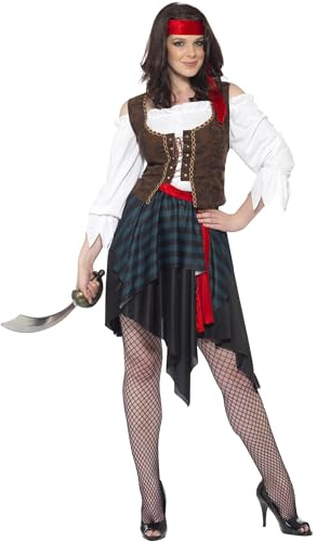 Smiffys Pirate Lady Costume - Brown Shirt, Attached Waistcoat, Skirt, Belt & Headband, Fancy Dress