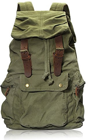 DRF Rucksack aus Canvas im Vintage Stil mit Leder Zubehör #BG-04 (Grün)