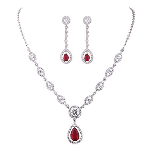 GULICX Damen Schmuckset Ohrringe und Halskette Silber-Ton 4 Farbe Saphir/Rubin/Smaragd/Weiß Ohrhänger mit Blau Rot Grün Zirkonia Hochzeitsschmuck Partyschmuck