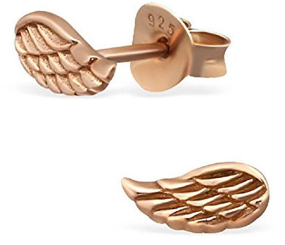 925 Silver Rose Gold Angel Wing Stud Earrings for Girls | rose gold angel wing earrings, lightweight everyday studs, gift boxed for girls or women, nickel free for sensitive ears