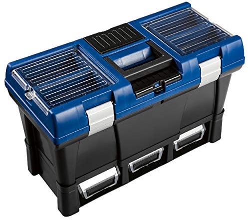 LUX-TOOLS KWK-35 Werkzeugkoffer Comfort | 32,5 cm x 52,5 cm x 25,6 cm (H x B x T) | In Schwarz-Blau mit Organizer im Deckel, herausnehmbarem Werkzeugtray und Lagersichtboxen