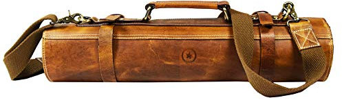 Leather Roll Knife Storage Bag | Elastic and Expandable 10 Pockets | Adjustable/Detachable Shoulder Strap | Travel-Friendly Chef Knife Case Roll by Aaron Leather Goods (Caramel)