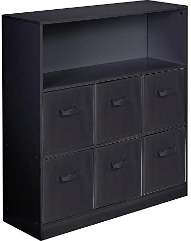 URBNLIVING Wooden Wide 7 Cubed Cupboard Bookcase Storage Units Shelves 6 Drawers Baskets (Black Drawer, Black Bookcase)