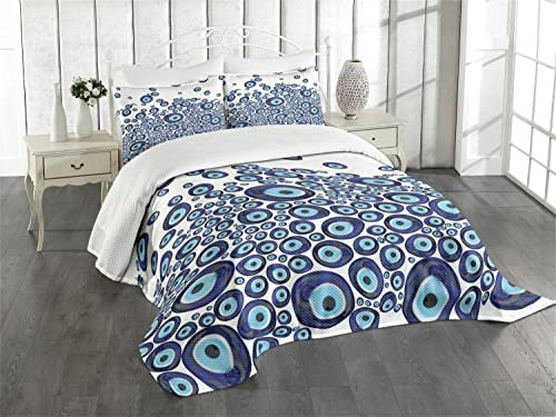 ABAKUHAUS Evil Eye Tagesdecke Set, Blue Beads Luck, Set mit Kissenbezügen Waschbar, für Einselbetten 170 x 220 cm, Dunkelblau Hellblau