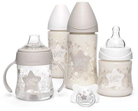 Suavinex, Set de Biberones para Recién Nacidos, Set Regalo con: 2 Biberones 270 ml + 1 Biberón 150 ml + Vaso Aprendizaje Bebé 150 ml + Chupete con Tetina Fisiológica de Silicona, -2 a 4 Meses, Blanco