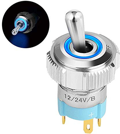 Gebildet Interruttore a Levetta LED SPST ON-OFF, Interruttore a Bilanciere Rotondo Grande 12V-24V 16mm con Luce Blu, Interruttore a Levetta Elettrico Impermeabile IP67 Argento Cromato Ottone Metallo