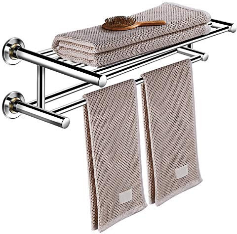 RELAX4LIFE Handtuchablage Edelstahl, Badetuchstange mit 2 Ablagen, Badetuchhalter Wandmontage, Handtuchhalter für Badezimmer & Hotel, Badregal mit Haken & Lagerung, Handtuchständer 60 cm, Chrom