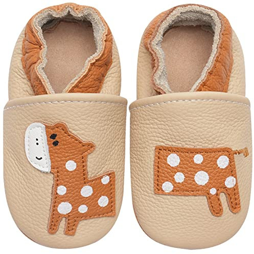IceUnicorn Krabbelschuhe Baby Lauflernschuhe Jungen Mädchen Weicher Leder Babyhausschuhe Kleinkind Rutschfeste Lederschuhe Baby(Beige Giraffe, 6-12 Monate)