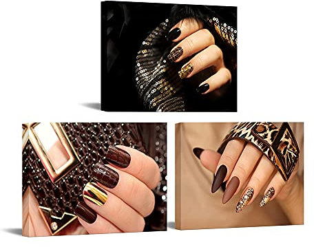 Canvbay 3 Pieces Beauty Salon Modern Canvas Wall Art Fashion Woman Painting Picture Leopard Print Nail Hand Spa Artwork Makeup and Manicure Poster Bedroom Decor Stretched Ready to Hang