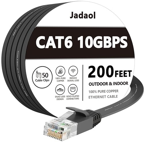 Jadaol Cable Ethernet Cat 6 de 60,96 m, para exteriores e interiores, 10 Gbps, compatible con red Cat 8 Cat 7, cable de conexión LAN de Internet plano largo, cable Cat6 resistente a la intemperie de