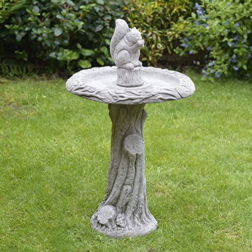 ONEFOLD Large Large Squirrel Bird Bath, Squirrel Garden Ornament, Garden Feature Statue, Outdoor Water Basin Ornament, Hand Cast Stone