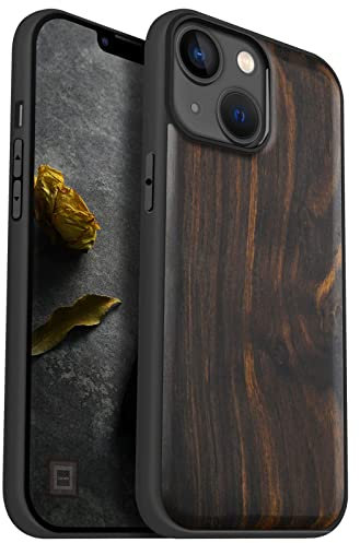 Carveit Handyhülle für iPhone 14 Holz Cover kompatibel mit MagSafe Case Massivholz für Apple 14 Stoßfeste Stoßstange Weich TPU hulle(Dunklesholz-Schlichtem Holz)