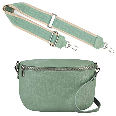 Made in Italy OBC Damen Set Gürteltasche + Schultergurt Leder Crossbody Hüfttasche Bauchtasche Umhängetasche Brusttasche Crossover Bag Schultertasche Handytasche Geldtasche Mint M (27cm) + Gürtel