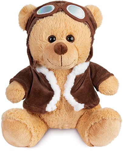BRUBAKER Teddybär Pilot mit Fliegerbrille und Pilotenoutfit Braun - 25 cm Teddy in Flieger Uniform - Plüschbär Glücksbringer Kuscheltier - Bruchpilot Pilotbär Stofftier Plüschteddy