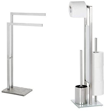 WENKO Piantana portasalviette Granite acciaio inossidable - porta asciugamani, Acciaio inossidabile, 43.5 x 86.5 x 20 cm, Satinato & Piantana portarotolo e scopino WC Rivalta acciaio inossidabile
