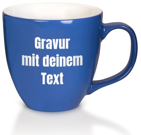 Mahlwerck XXL Jumbotasse, Große Porzellan-Kaffeetasse mit hoch-glänzender Oberfläche, 450ml, Pacific Blue, 3 Zeilen graviert, Links vom Henkel