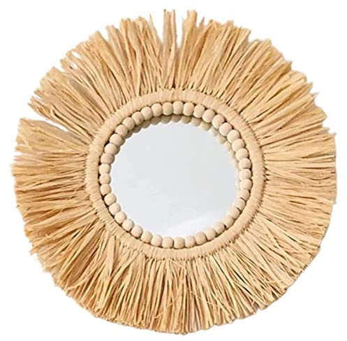 zalati Miroir mural à suspendre avec corde paille marocaine perles en bois acrylique ornement pour la maison, la chambre, les entrées