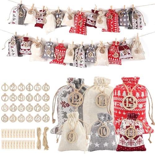 Vyntra Adventskalender zum Befüllen, 24 Stk Adventskalender Selber Befüllen Kinder Groß, Jutesäckchen Stoffsäckchen Selbst Befüllen, Weihnachtskalender Jute Beutel Aufhängen für Männer, Frauen