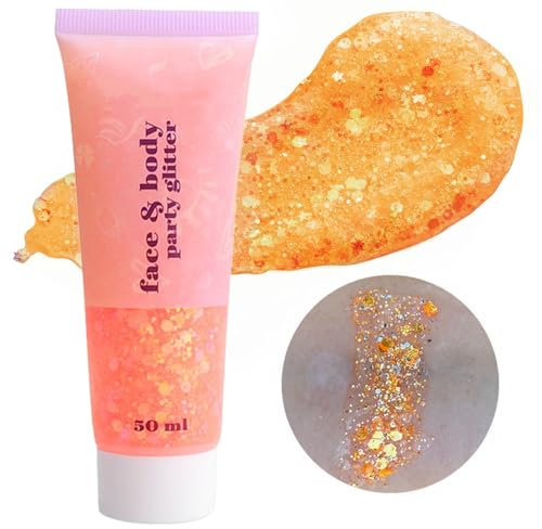 Go Ho Orange Body Glitter Gel,Singer Concerts Orange Face Glitter Makeup,Holographic Long Lasting Chunky Sequins Glitters for Eye Lip Hair Nails,Festival Rave Accessories,52g