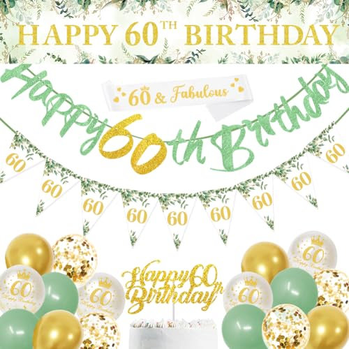 Sage Green 60th Birthday Party Decorations - Happy Birthday Banner, Triangle Flag, and Confetti Balloons