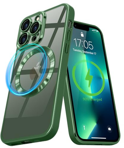 Pepmune Magnetic Case for iPhone 13 Pro Compatible with MagSafe Wireless Charging and Camera Lens Protector,Clear Plating Bumper Shockproof TPU Full Protective,Green